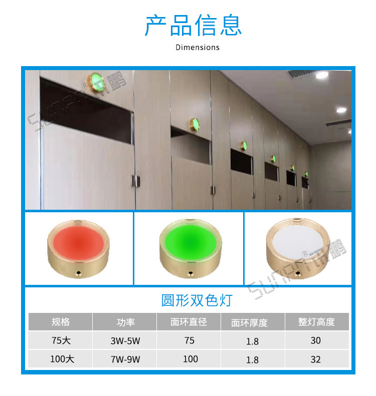 厕位蹲位有人无人状态自动感应标识牌75mm圆形LED红绿双色提示灯示例图6