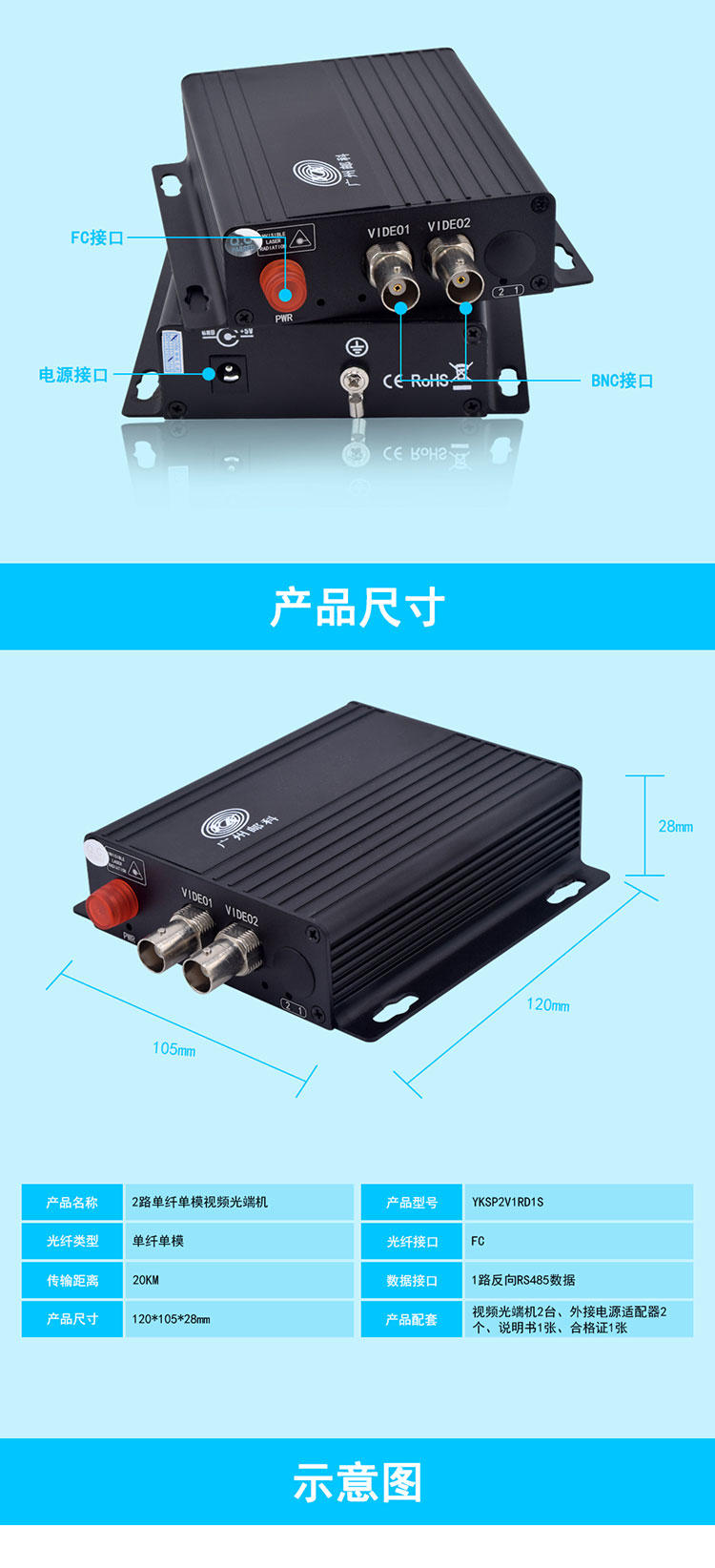 广州邮科2路视频光端机带1路485反向数据YKSP2V1RD1S监控光端机单模单纤FC光口20KM示例图11