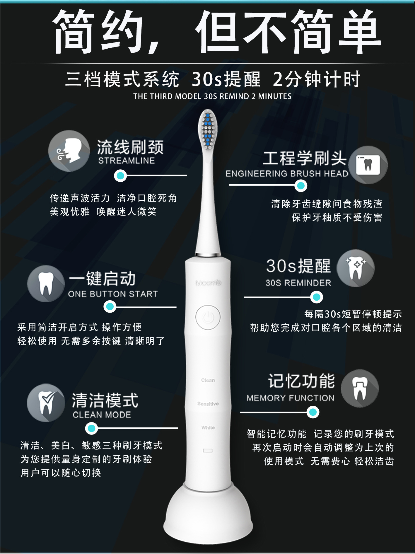 香港Mcomb电动牙刷成人声波牙刷 感应式充电防水牙刷 OEM贴牌厂家示例图7