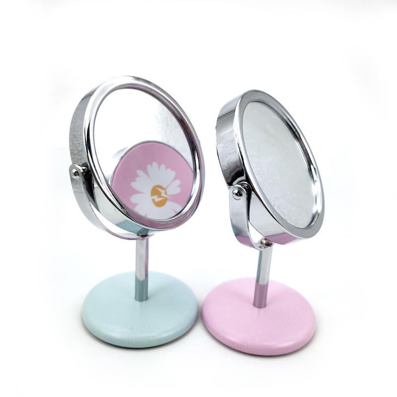 圆形粉色美妆镜3寸小台镜皮革面台式梳妆镜子定制创意款单面台镜厂家