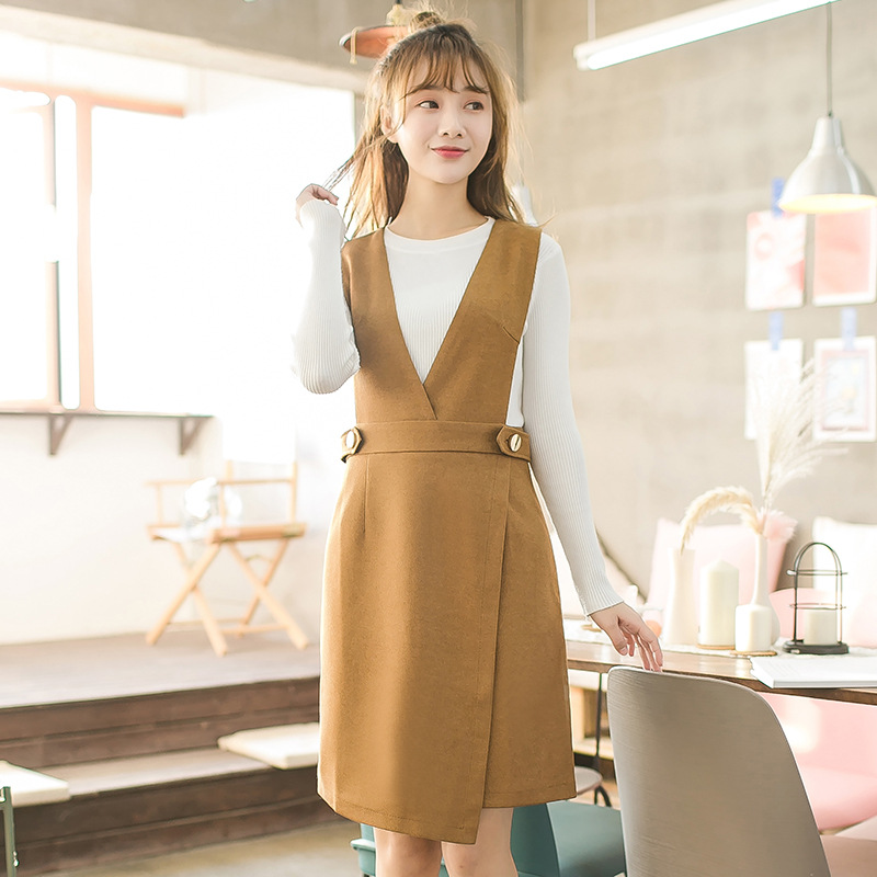 2018春季新款女装针韩版套头织连衣裙背带款两件套连衣裙一件代发图片