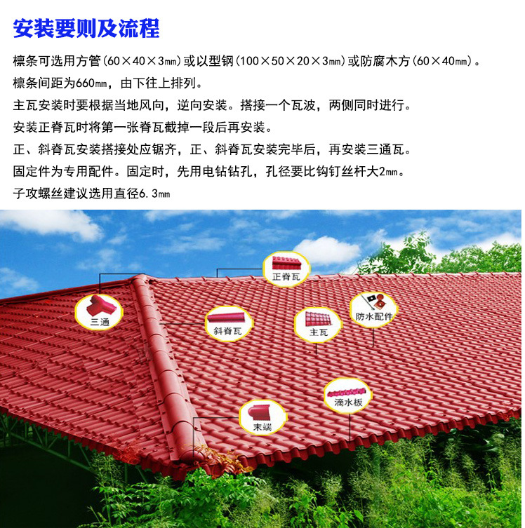 塑料屋顶耐用树脂瓦3.0mm砖红色树脂瓦隔热耐用抗老化合成仿古瓦示例图5