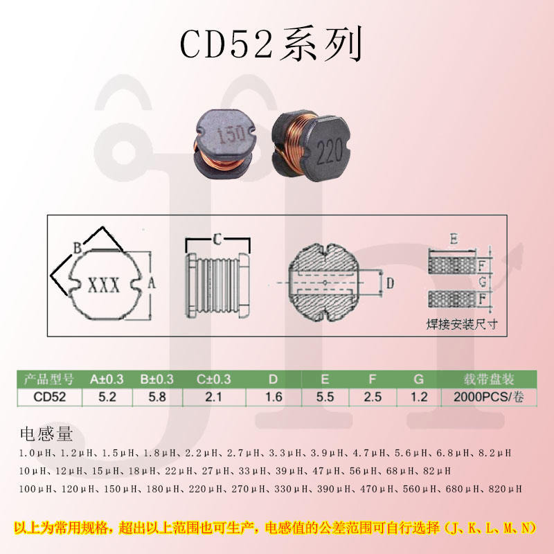 功率电感 CD52系列 10/12/15/18/22/27/33/39/47/56/68/82μH多品牌