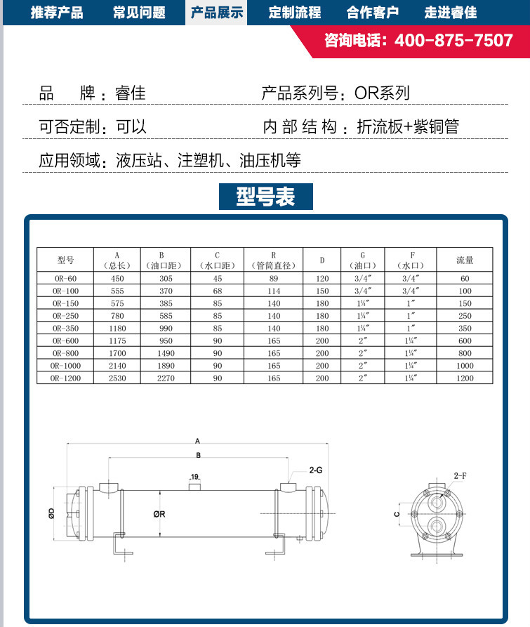 管壳式换热器OR600水冷式油冷却器液压站 水冷却器or250示例图9