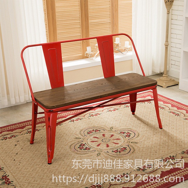 东莞市 复古创意实木双人餐椅     咖啡厅西餐厅靠背彩色简约长凳       铁艺双人餐椅