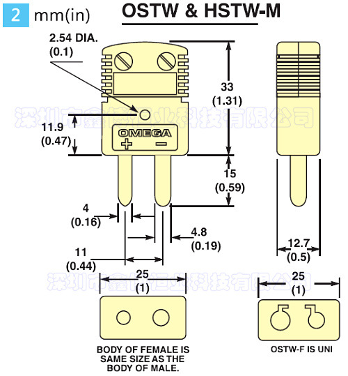 OSTW-J-MF 黑色J型热电偶端子 连接器 测温端子 美国omega热电偶示例图2