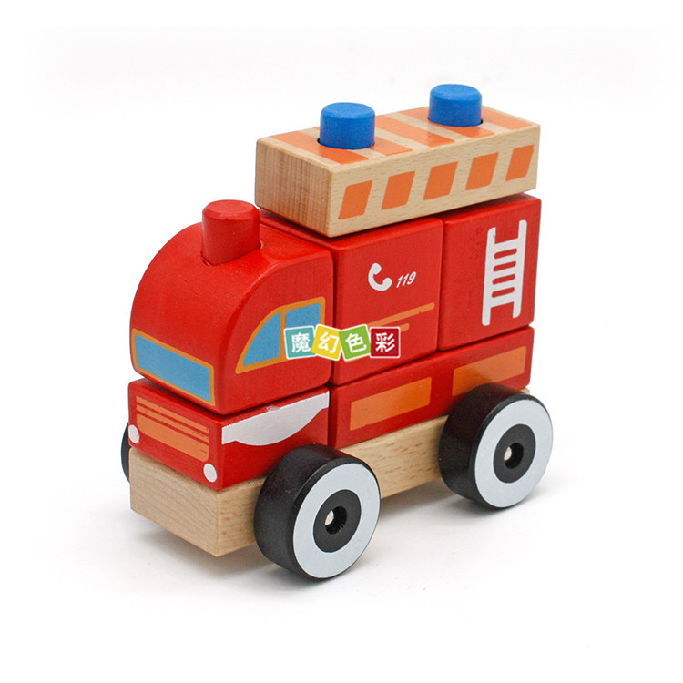 厂家直销 红色消防车玩具木制迷你模型小车孩子叠叠高拆卸玩具示例图7