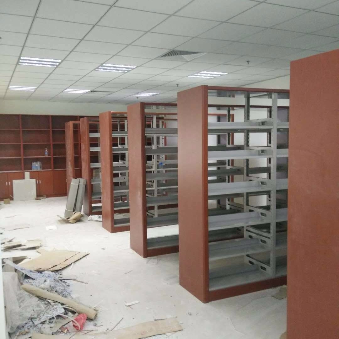 河北廊坊市县学校图书馆单双面书架定做 阅览室木护板图书架生产厂家批发价格