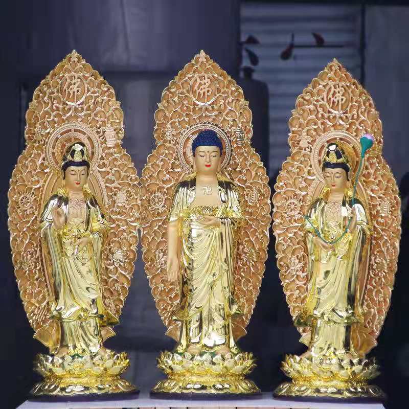 佛像 本厂专业铸造精品贴金西方三圣佛像 寺庙西方三圣菩萨佛像 彩绘西方三圣菩萨