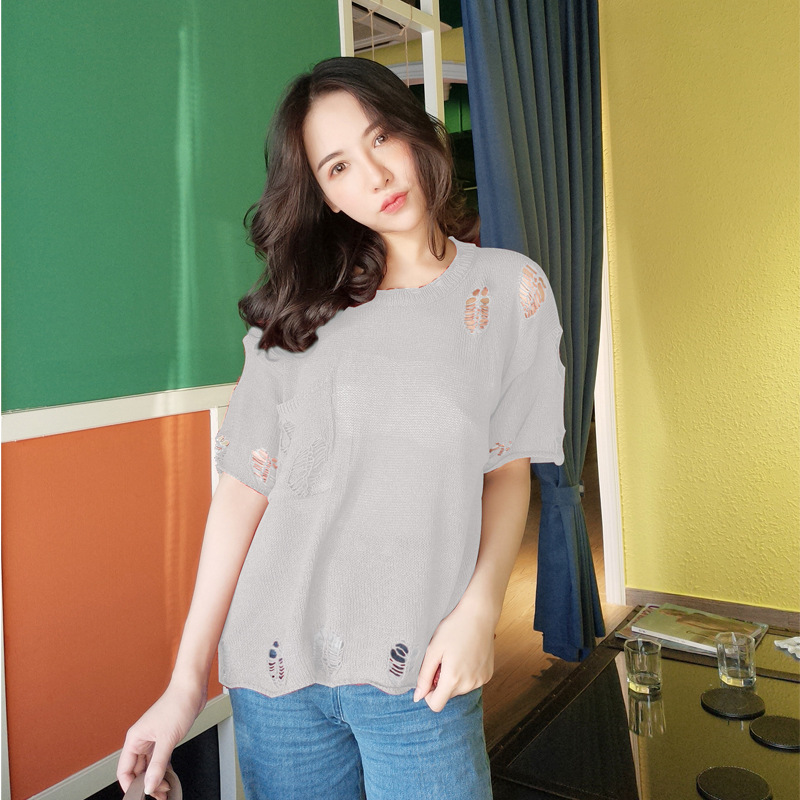 韩版夏季女士圆领针织衫修身时尚短袖 镂空薄款针织T恤衫女装批发