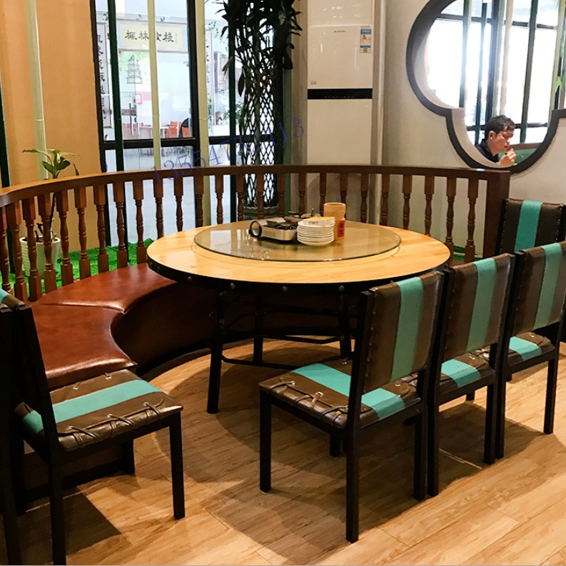 众美德生产厨嫂当家湘菜馆弧形卡座沙发定做8人位带转盘圆桌YZ-119厂家定做实木椅