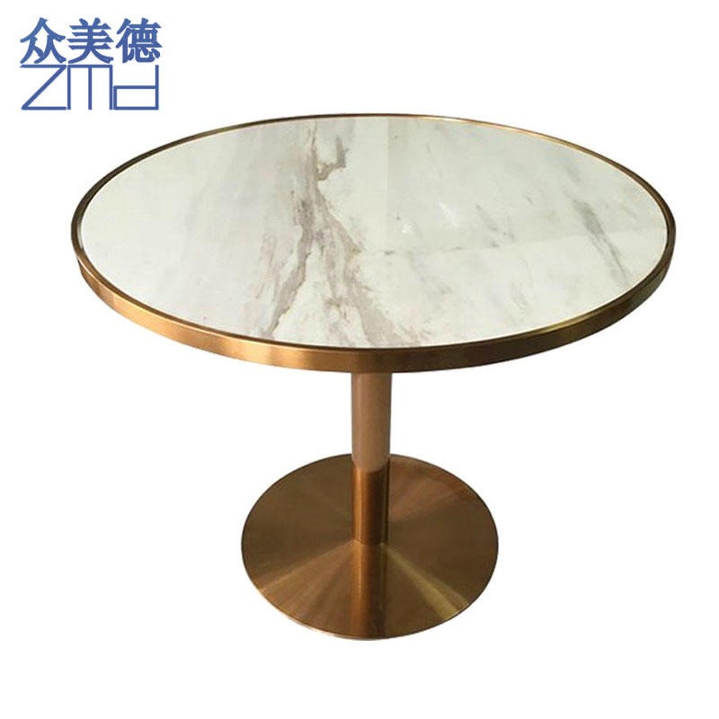 香港各类茶餐厅大理石餐桌 CZ-874主题餐厅不锈钢包边餐桌 白色大理石圆桌定做众美德图片