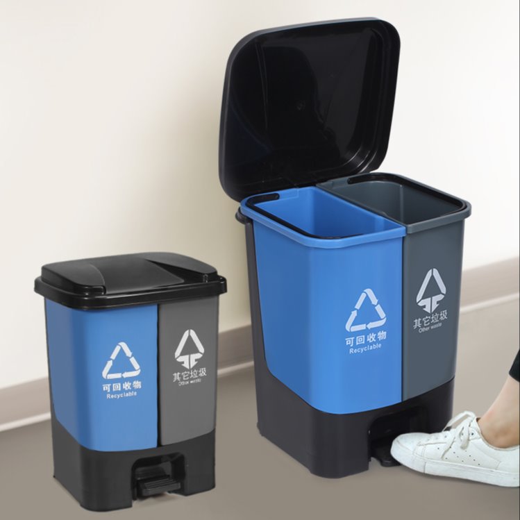 湖北荆州塑料垃圾桶厂家生产批发40升脚踏式双桶分类内胆塑料垃圾桶图片
