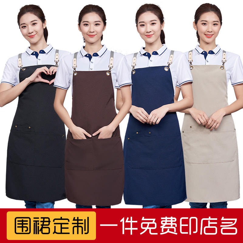 时尚纯棉帆布围裙定制印字LOGO咖啡蛋糕店烘焙厨房工作服背带围裙图片