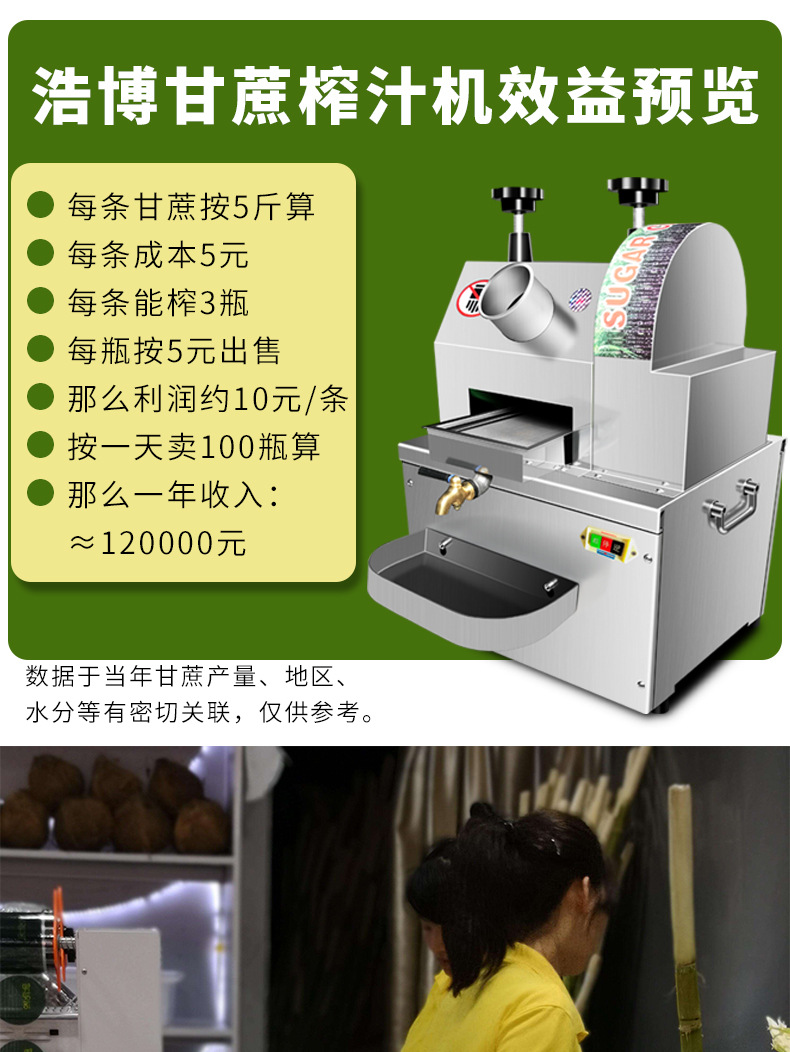 浩博甘蔗榨汁机商用全自动电动榨汁甘蔗机器立式小型榨汁机不锈钢示例图1