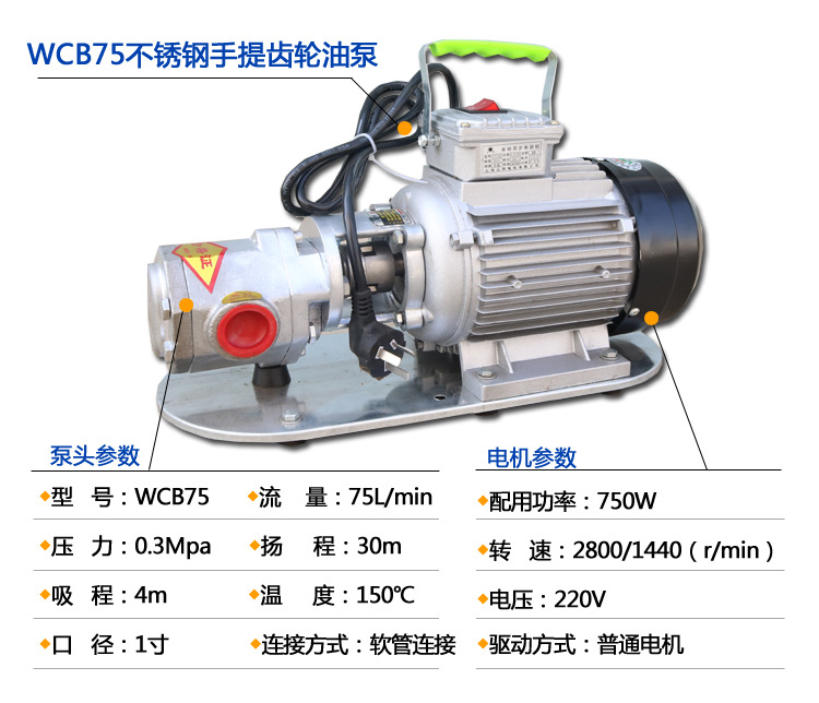 供应 不锈钢WCB75便携式电动小型齿轮油泵 304材质WCB手提齿轮泵示例图4