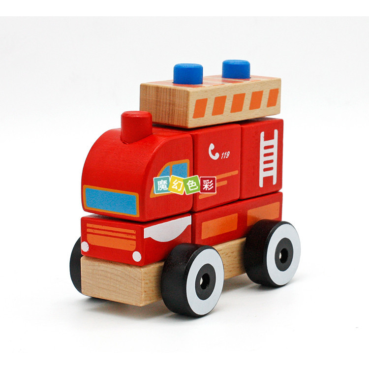 厂家直销 红色消防车玩具木制迷你模型小车孩子叠叠高拆卸玩具示例图8
