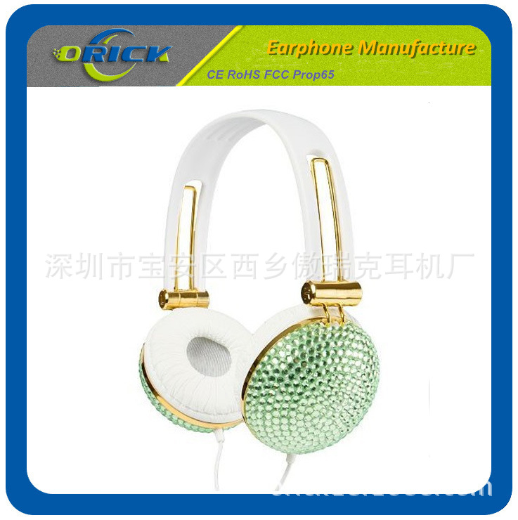 头戴耳机厂家批发定制批亚克力水晶绿色镶钻大耳机