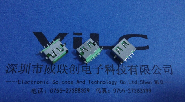 AF短体USB沉板母座四脚DIP端子SMT贴片绿色塑胶芯 耐高温