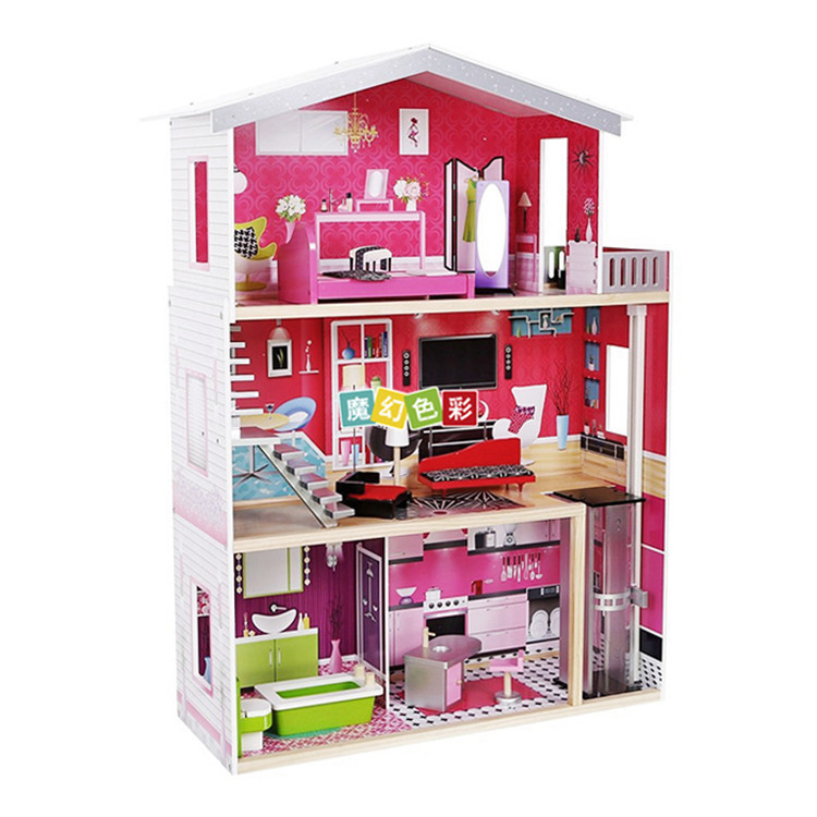 新款上市女孩红色尖头过家家娃娃屋仿真颜色丰富娃娃屋木制玩具示例图1
