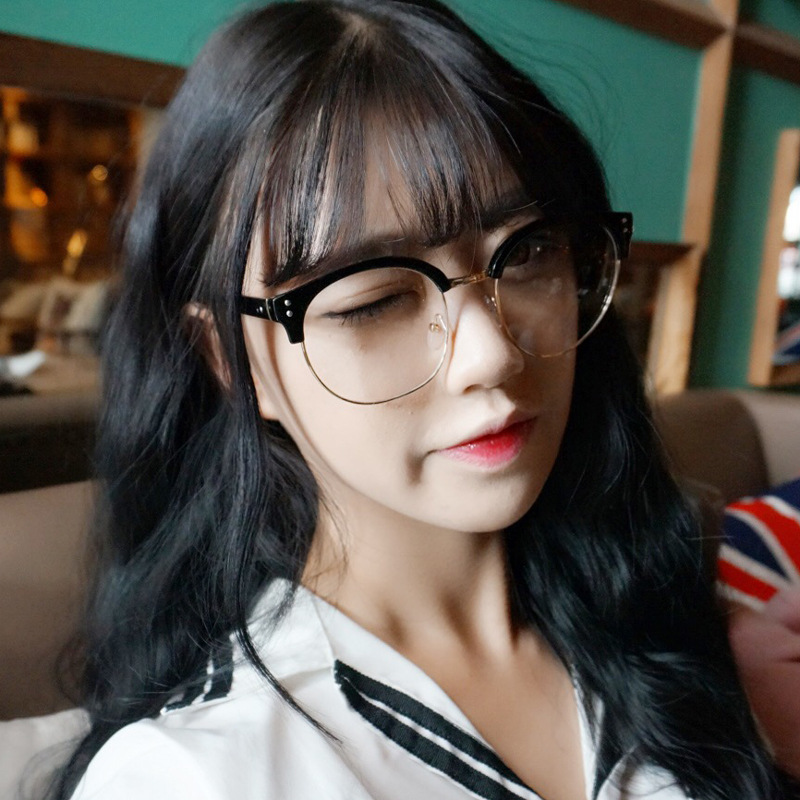 新款韩版金属半框平光镜猫眼镜框镜架镜潮男金属修型圆框眼镜1101