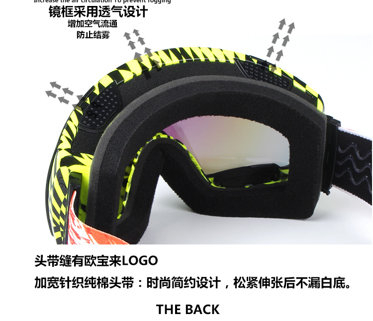 厂家预售欧宝来H016男女新款全景双层防雾滑雪眼镜摩托镜防风镜示例图7