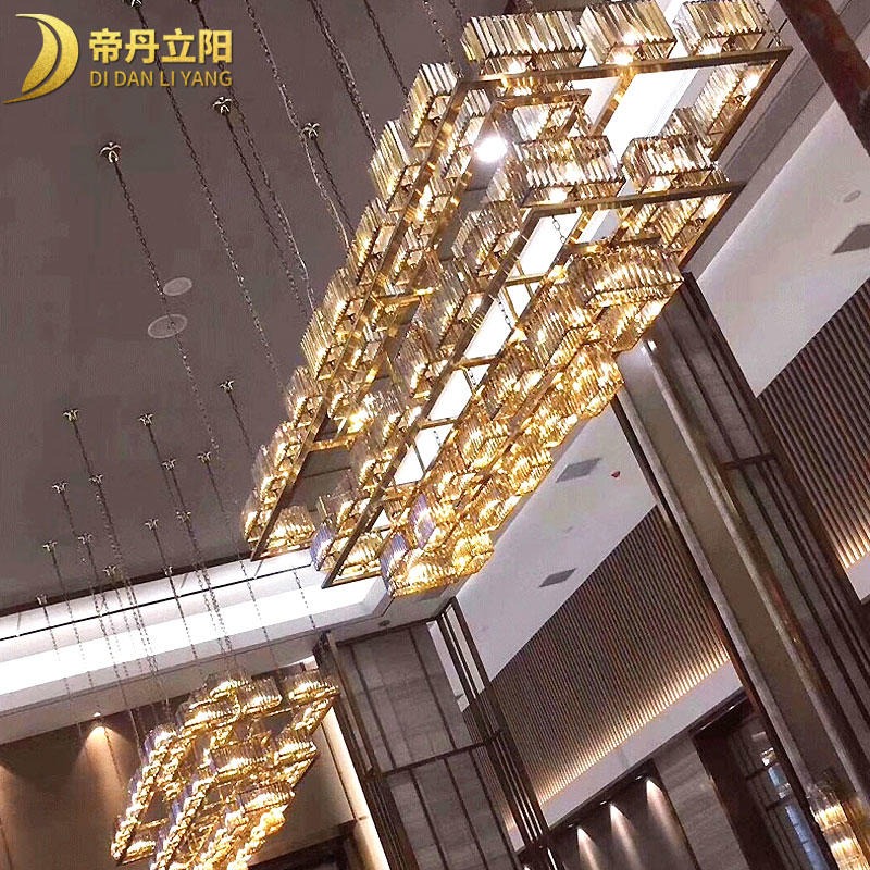 铁艺长方形水晶大吊灯 新中式豪华水晶灯金色 大型酒店会所工程灯非标定制
