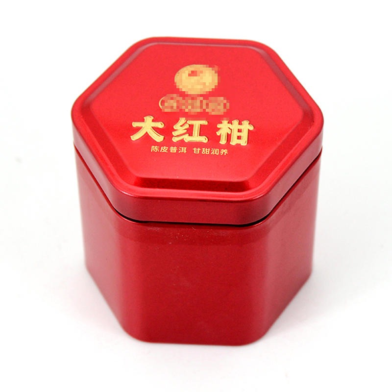马口铁罐生产厂家 大红柑铁罐 包装陈皮普洱茶小铁盒 红色六角形铁盒定制 麦氏罐业