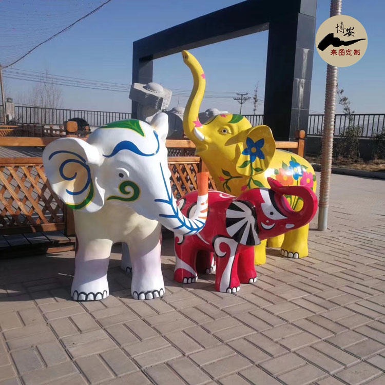 彩绘大象雕塑 玻璃钢彩绘动物雕塑 仿真大象雕塑 支持定做 佰盛
