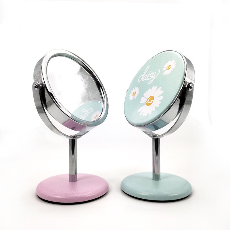 圆形粉色美妆镜3寸小台镜皮革面台式梳妆镜子定制创意款单面台镜