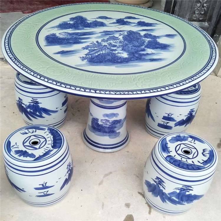 景德镇青花瓷梳妆凳子 订做青花陶瓷桌子 桌凳子陶瓷批发 亮丽陶瓷