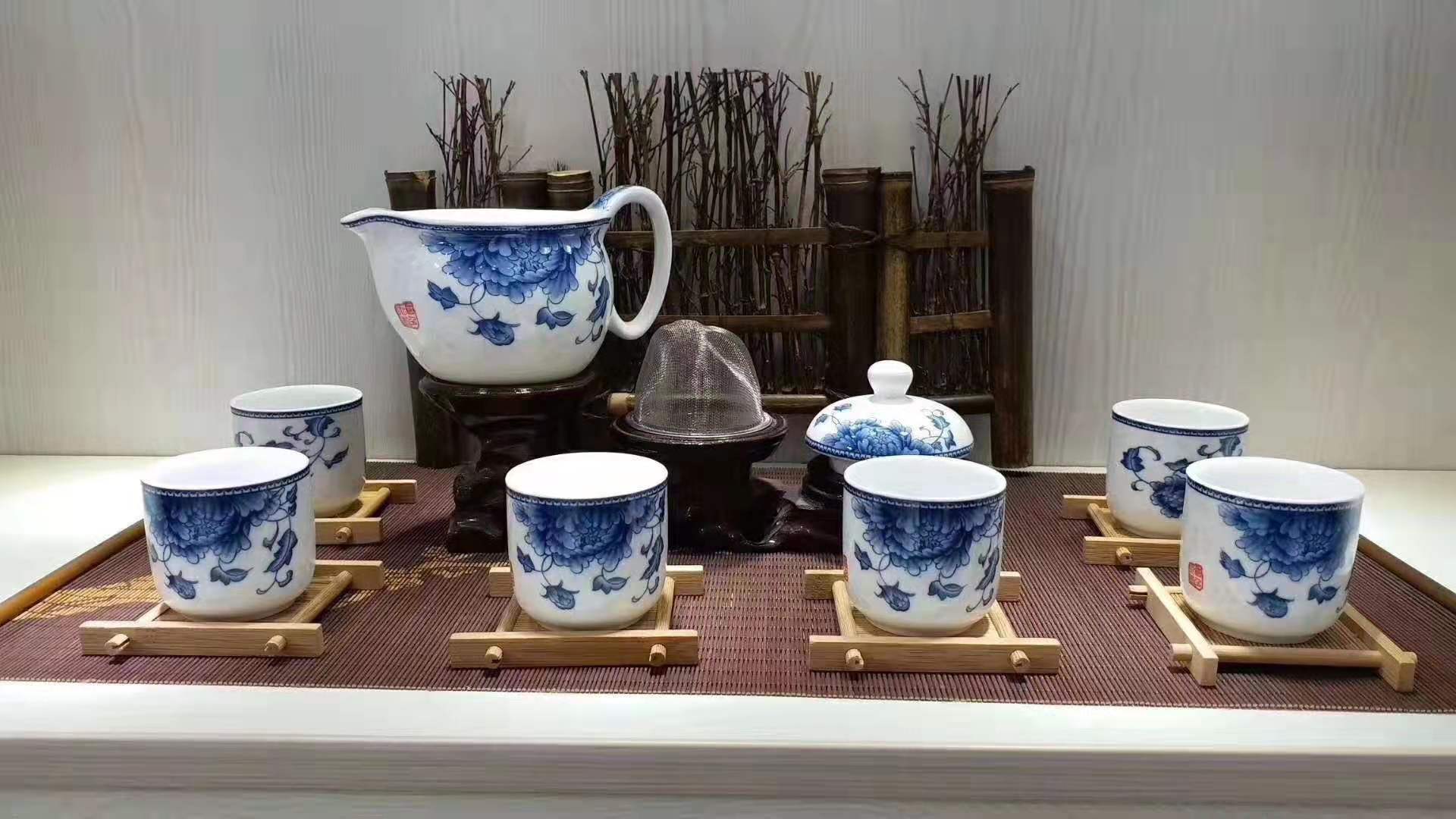 景德镇陶瓷茶具定做 节日福利礼品瓷 7头印花陶瓷茶具 logo订制厂家批发