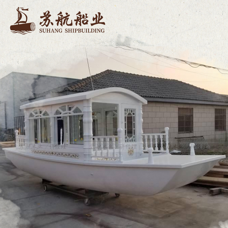 江苏木船厂家定制公园游玩单亭船 小型封闭式观光船 带篷子的手划船